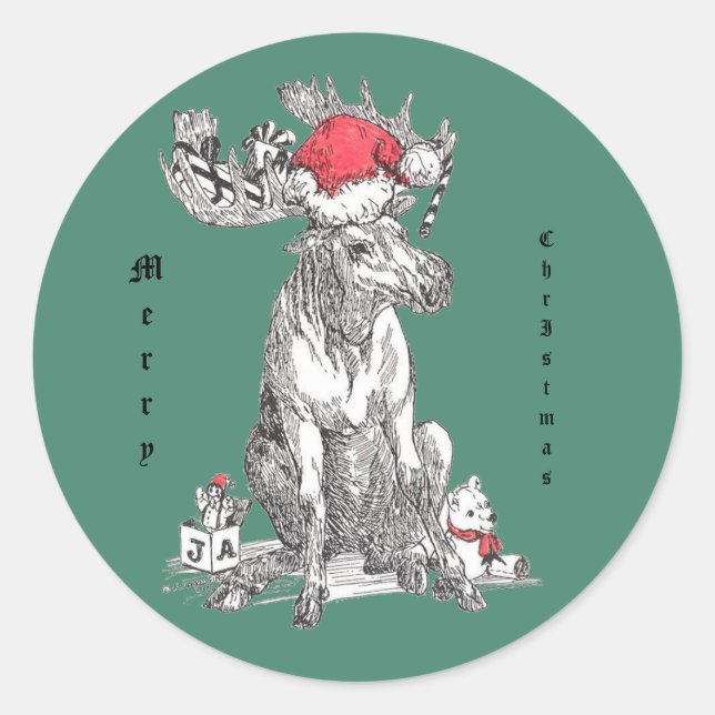 Whimsical Christmas Moose Wildlife Classic Round Sticker (Front)