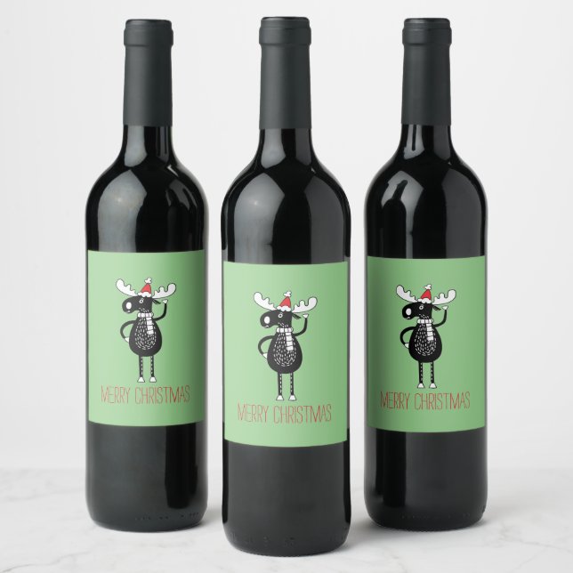 Whimsical Christmas Moose  Wine Label (Bottles)