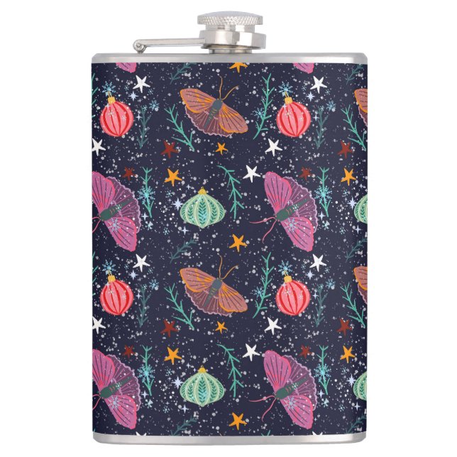 Whimsical Christmas Moth and Ornament Pattern  Hip Flask (Front)