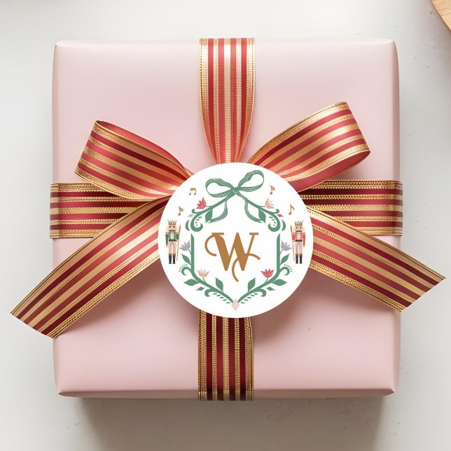 Whimsical Christmas Nutcracker Monogram Crest Bow Classic Round Sticker (Whimsical Christmas Nutcracker Monogram Crest Bow Classic Round Sticker)