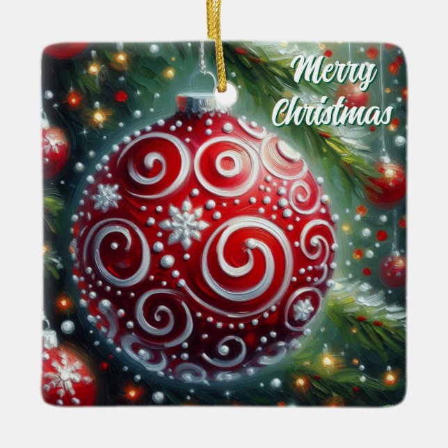Whimsical Christmas Ornament Red White Swirls (Front)