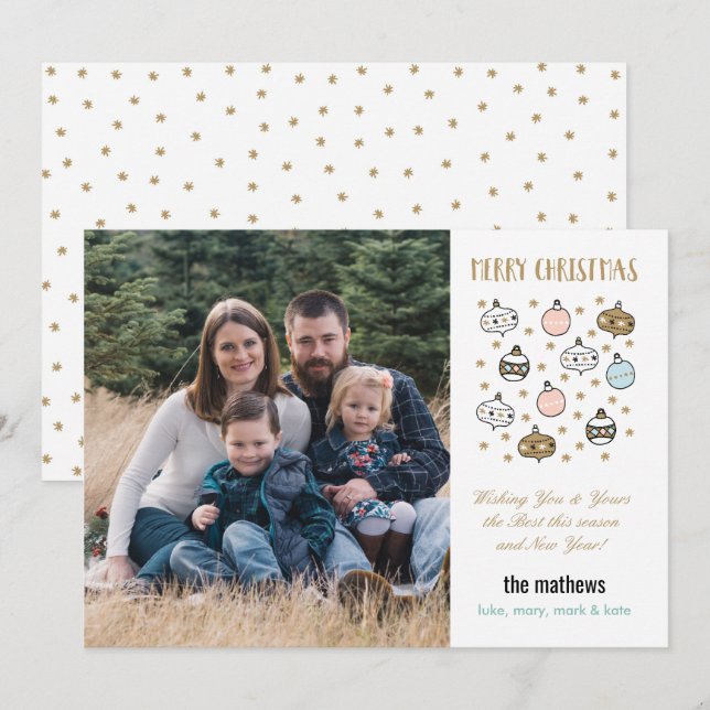 Whimsical Christmas Ornaments and Stars Photo Holiday Card (Front/Back)