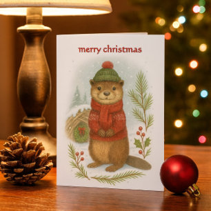 Whimsical Christmas Otter  Holiday Card
