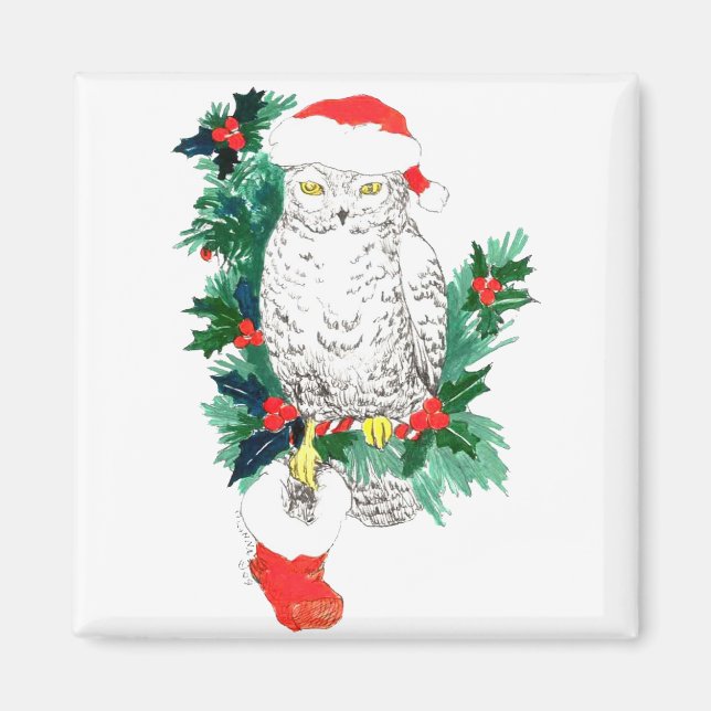 Whimsical Christmas Owl and Stocking designed Magnet (Front)