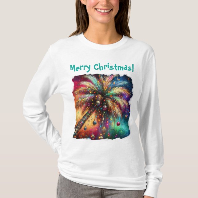 Whimsical Christmas Palm Tree Tropical Beach T-Shirt (Front)
