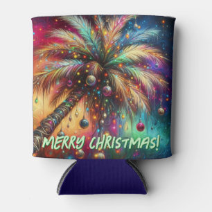 Whimsical Christmas Palm Tree Tropical Beach Vivid Can Cooler