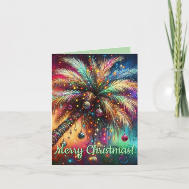 Whimsical Christmas Palm Tree Tropical Beach Vivid Holiday Card (Front)