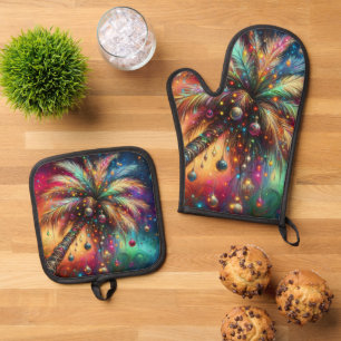 Whimsical Christmas Palm Tree Tropical Beach Vivid Oven Mitt & Pot Holder Set