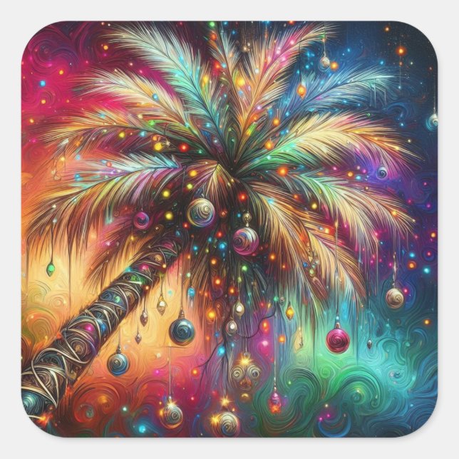 Whimsical Christmas Palm Tree Tropical Beach Vivid Square Sticker (Front)