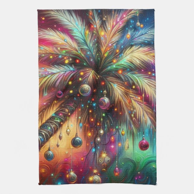 Whimsical Christmas Palm Tree Tropical Beach Vivid Tea Towel (Vertical)