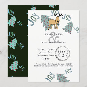 Whimsical Christmas Party Typset Cartoon Reindeer Invitation