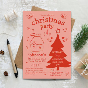 Whimsical Christmas Party with Tree and Cottage Invitation