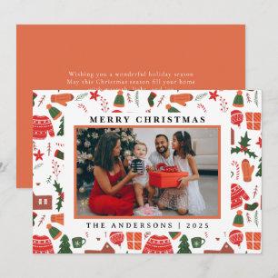 Whimsical Christmas Pattern Landscape Family Photo Holiday Card