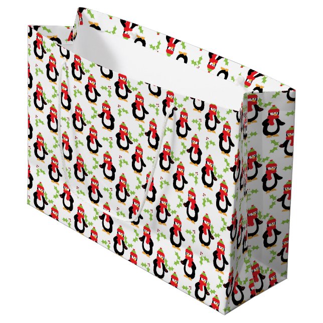 Whimsical Christmas Penguins Large Gift Bag (Front Angled)