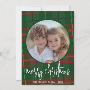 Whimsical Christmas Photo - Calligraphy and Plaid Holiday Card