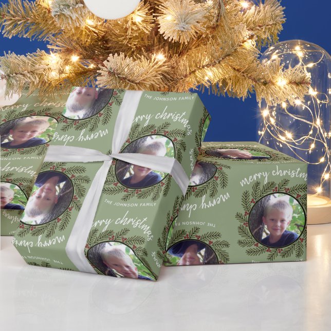 Whimsical Christmas Photo - Calligraphy - Branches Wrapping Paper (Holidays)