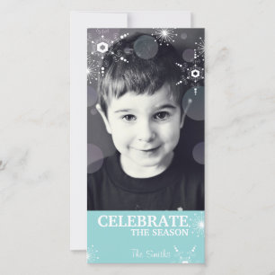 Whimsical Christmas Photo Card Teal Snowflakes Dot