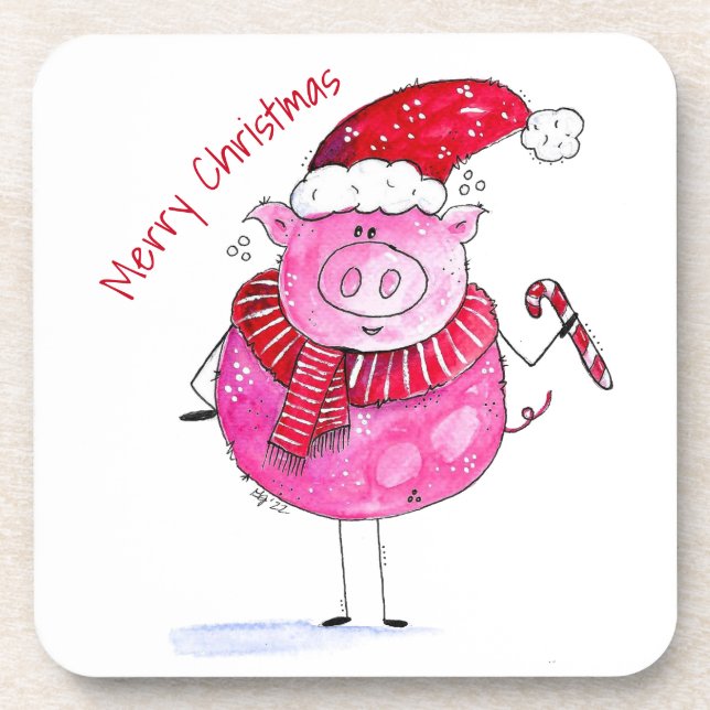 Whimsical Christmas Pig Coaster (Front)