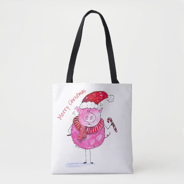 Whimsical Christmas Pig Tote Bag (Front)
