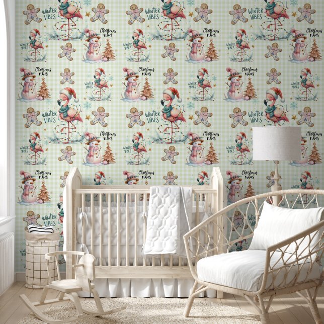 Whimsical Christmas Pink Flamingo Snowman Coquette Wallpaper (Kids)