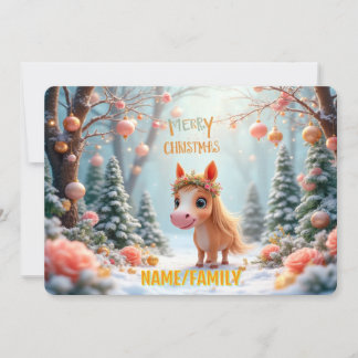 Whimsical Christmas Pony in Snowy Forest Holiday Card