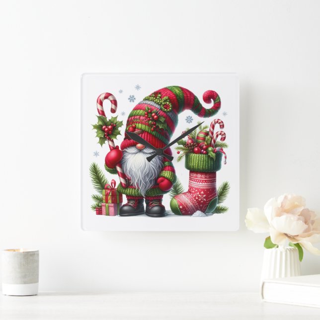 Whimsical  Christmas Red Green Gnome Custom Square Wall Clock (Home)