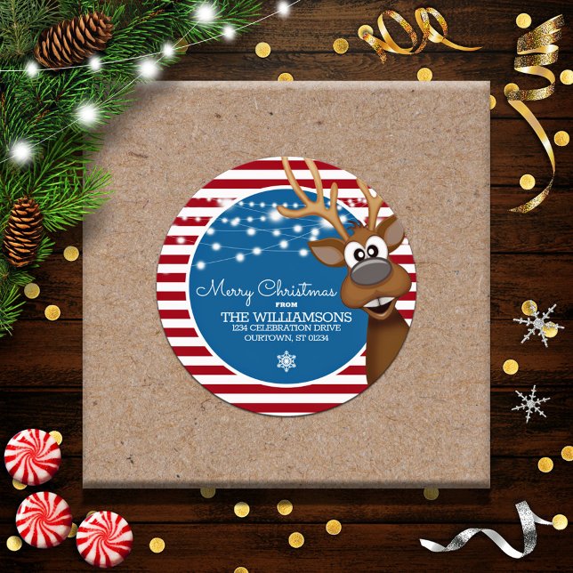 Whimsical Christmas Reindeer Family Address Classic Round Sticker (Creator Uploaded)
