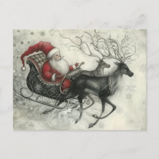 Whimsical Christmas Santa Claus and His Reindeer Holiday Postcard