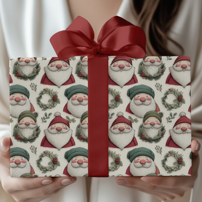 Whimsical Christmas Santa with Festive Wreaths Wrapping Paper (Creator Uploaded)