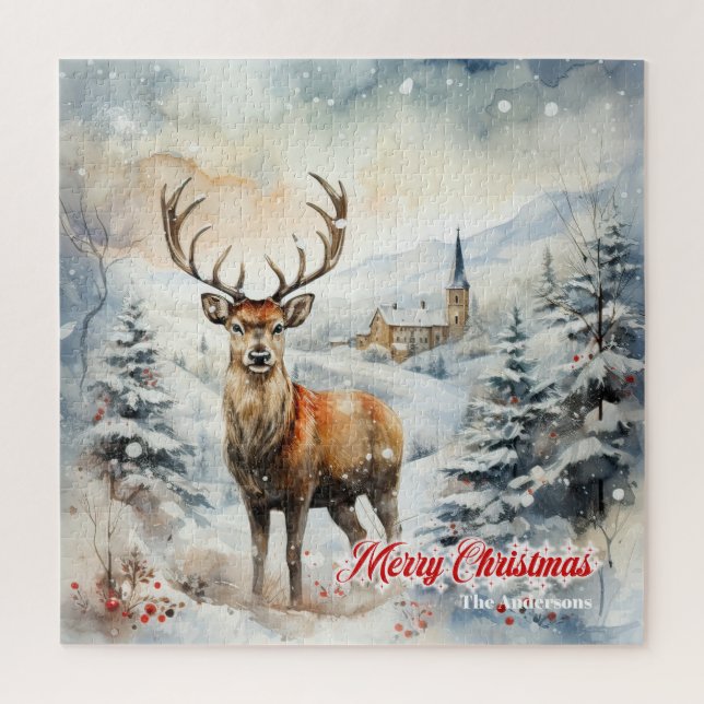 Whimsical Christmas scene with reindeer in snow Jigsaw Puzzle (Vertical)