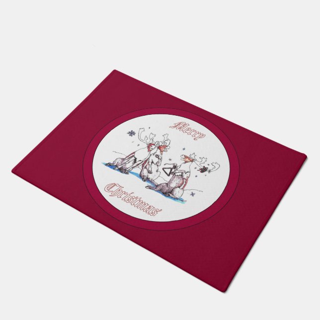Whimsical Christmas Singing Caribou Designed Doormat (Angled)