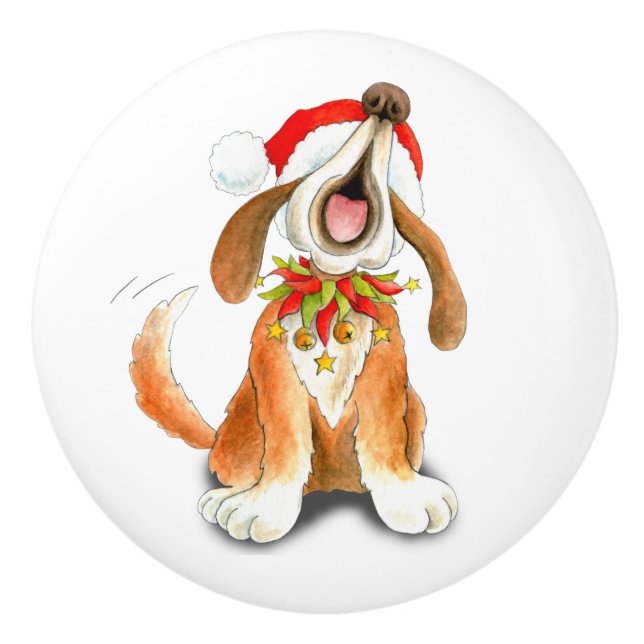 Whimsical Christmas singing dog art doorknob Ceramic Knob (Front)
