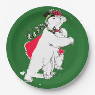 Whimsical Christmas Skating Polar Bear Designed Paper Plate