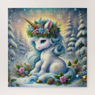 Whimsical Christmas small white unicorn Jigsaw Puzzle