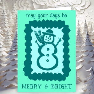 Whimsical Christmas Snowman Merry & Bright Holiday Card