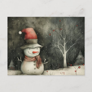 Whimsical Christmas Snowman Red Black Holiday Postcard