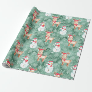 Whimsical Christmas Snowmen and Reindeer - Green Wrapping Paper