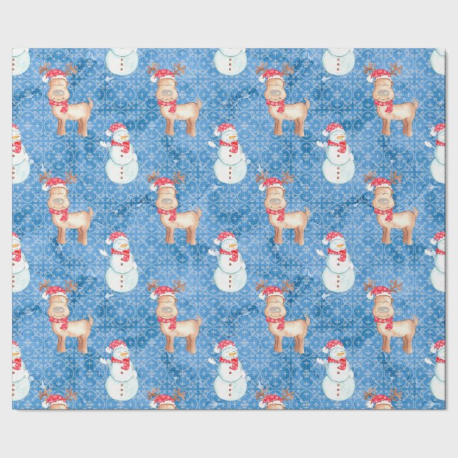 Whimsical Christmas Snowmen and Reindeer Wrapping Paper (Seam)