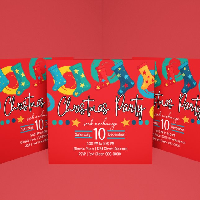 Whimsical Christmas Sock Exchange Party in Red Invitation (Festive Red Christmas Sock Exchange Holiday party invite with blue, green, yellow and customizable. )