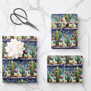 Whimsical Christmas Southwest Saguaro Cactus Wrapping Paper Sheet