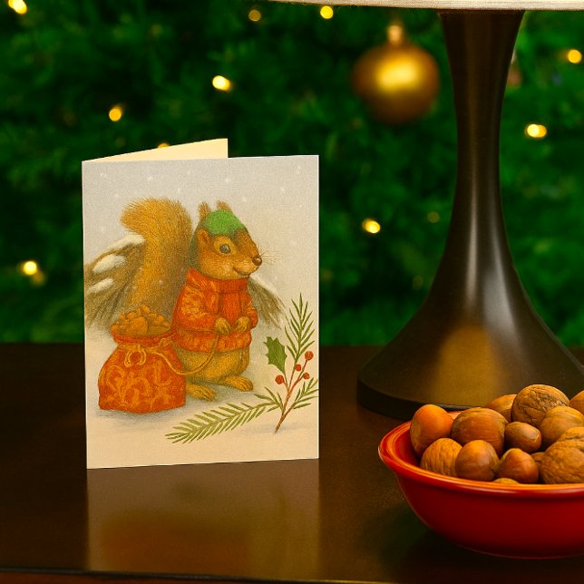 Whimsical Christmas Squirrel Wildlife  Holiday Card (Whimsical squirrel Christmas card with pencil-style illustration, woodland charm, and holiday cheer.)