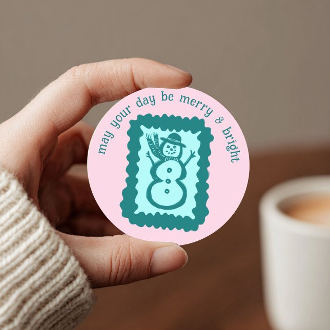 Whimsical Christmas Stamp Cute Custom Merry Bright Classic Round Sticker (Whimsical Christmas Stamp Cute Custom Merry Bright Snowman Classic Round Sticker
)