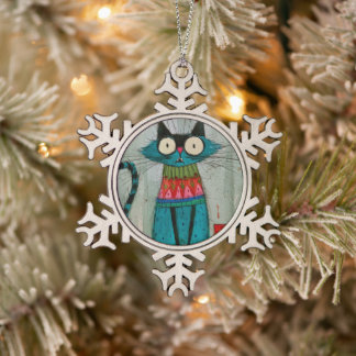 Whimsical Christmas Sweater Cat Snowflake Pewter Christmas Ornament