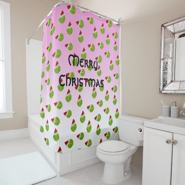 Whimsical Christmas Tennis Balls in Santa Hats Shower Curtain (In Situ)