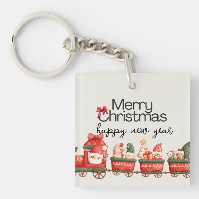 Whimsical Christmas Train Card  Key Ring (Front)