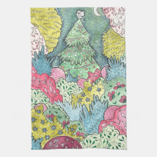 Whimsical Christmas Tree and Dove Painting Tea Towel
