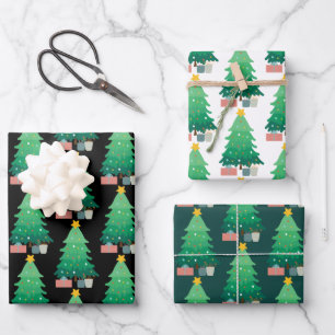 Whimsical Christmas Tree and Gifts Christmas Wrapping Paper Sheet