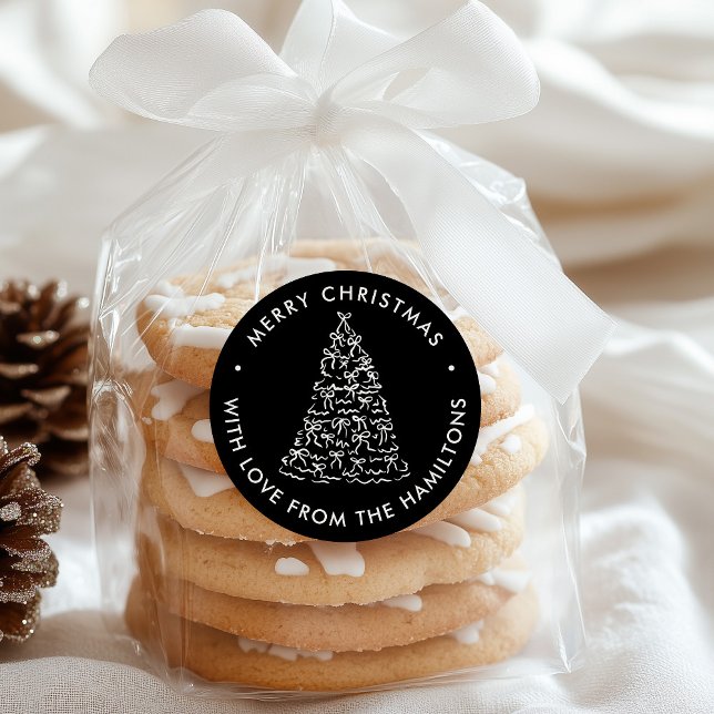 Whimsical Christmas Tree Bows Black Christmas Classic Round Sticker (Creator Uploaded)