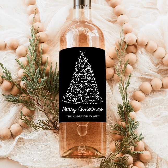 Whimsical Christmas Tree Bows Black Holiday Wine Label (Creator Uploaded)