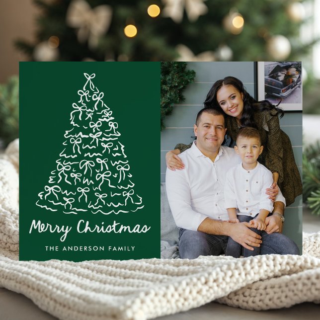 Whimsical Christmas Tree Bows Green Photo Holiday Card (Creator Uploaded)